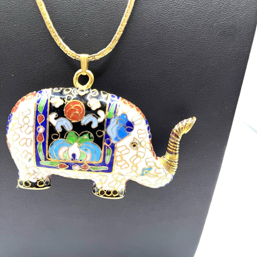 Gold Elephant  Cloisonné Elephant  Pendant Necklace Oversized Big Bold